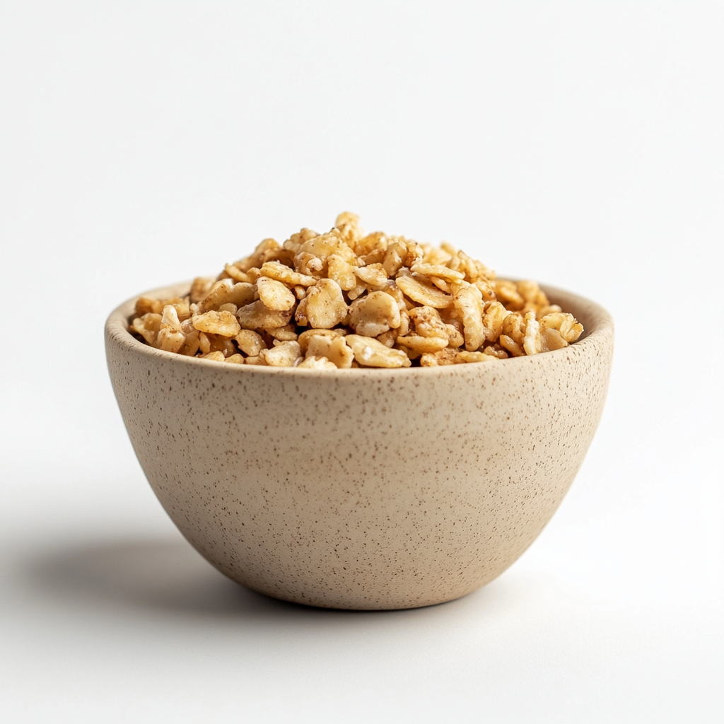 Photo of small bowl of golden granola on white background.