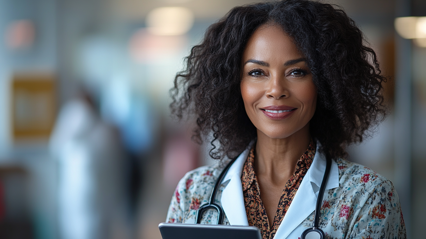 Photo of smiling black woman in doctor's office.