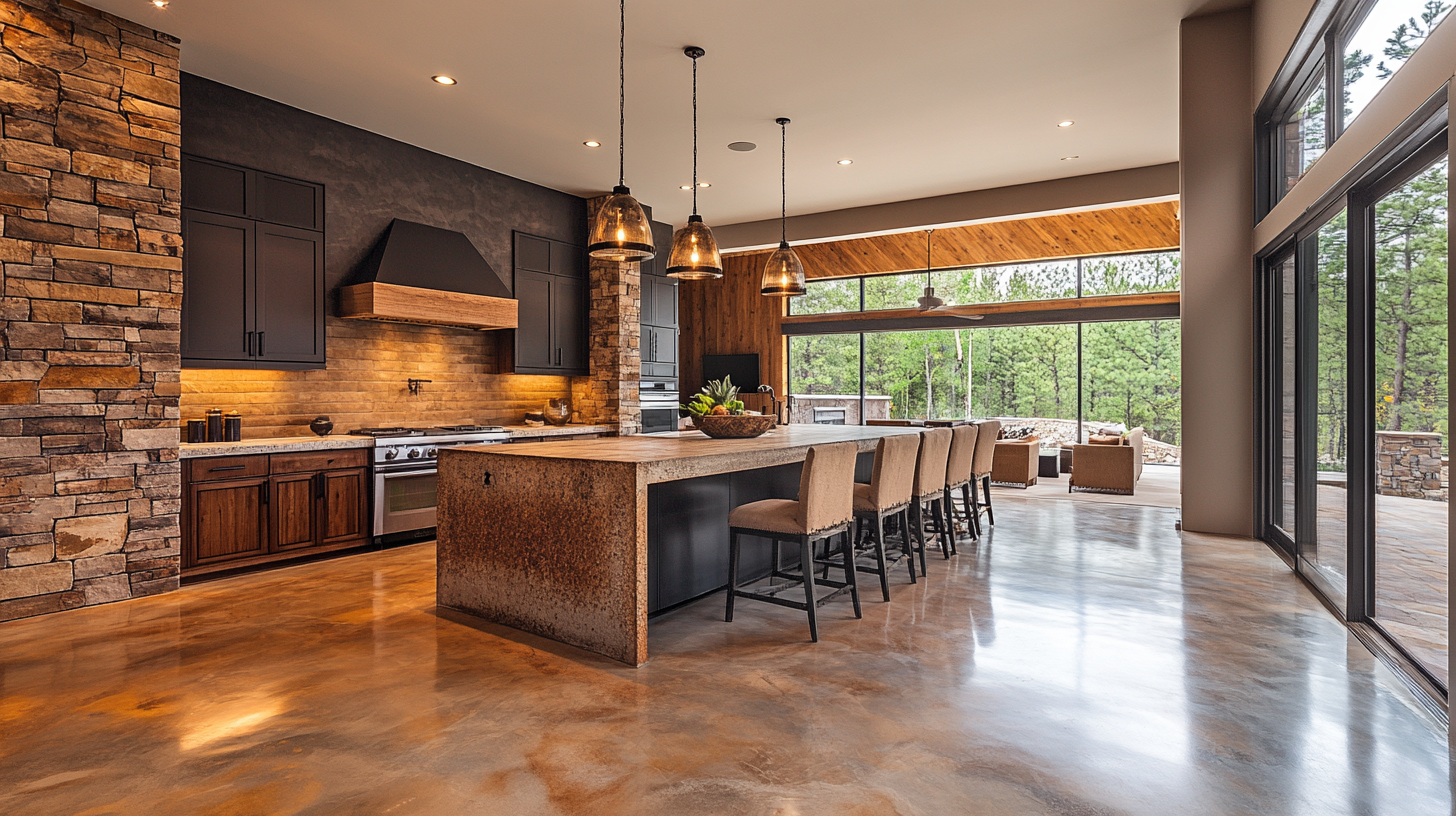 Photo of spacious kitchen with stone walls and island.