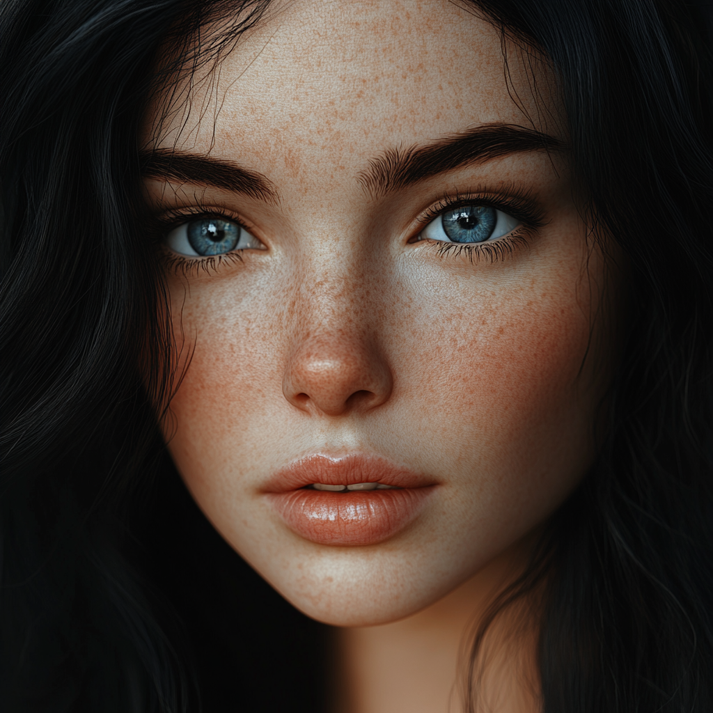 Photo of stunning woman with black hair and blue eyes.