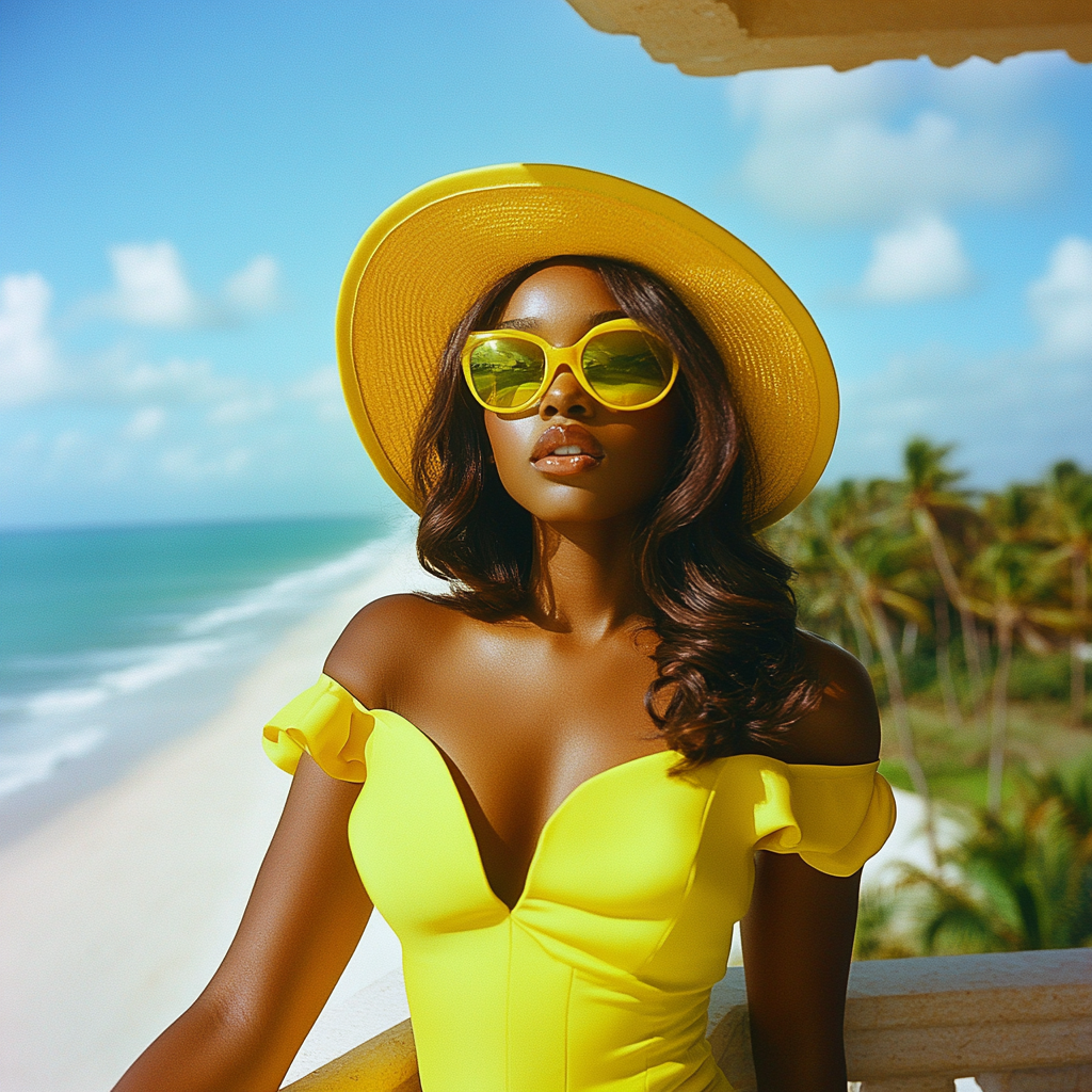 Photo of stylish woman in yellow outfit on balcony.