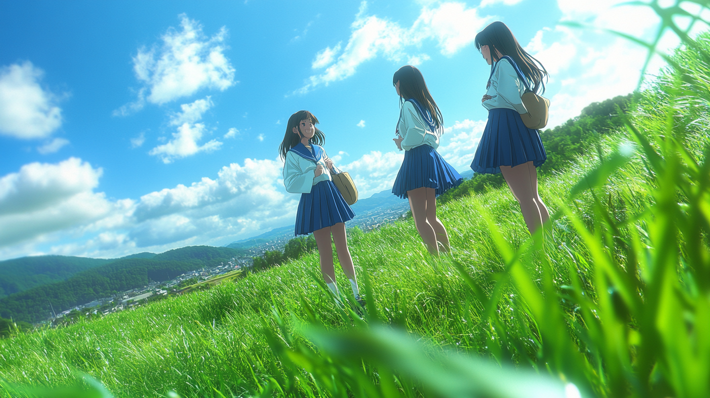 Photo of three Japanese high school girls outdoors.