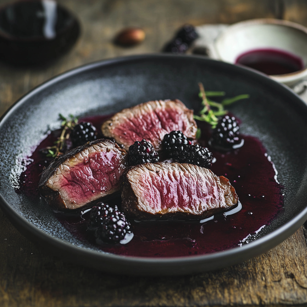 Photograph food with wild venison fillets, blackberry sauce.