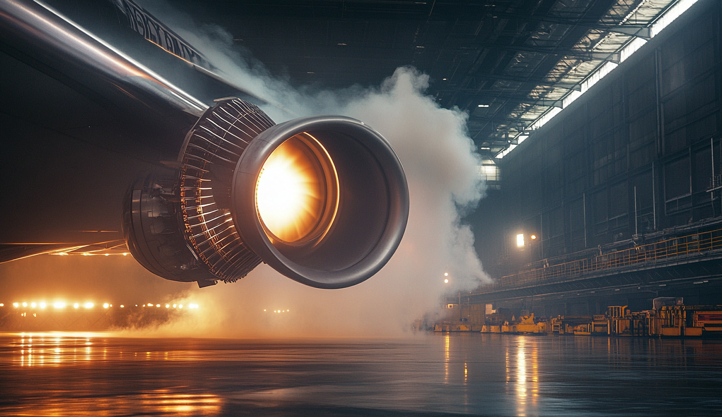 Photograph of 747 airplane turbine engine testing process.