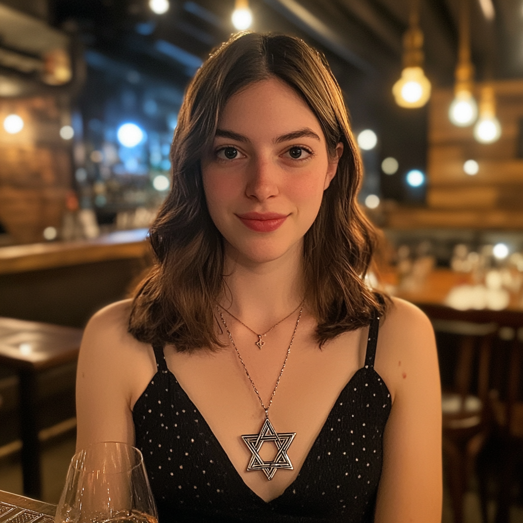 Photograph of Rachel with Star of David necklace.