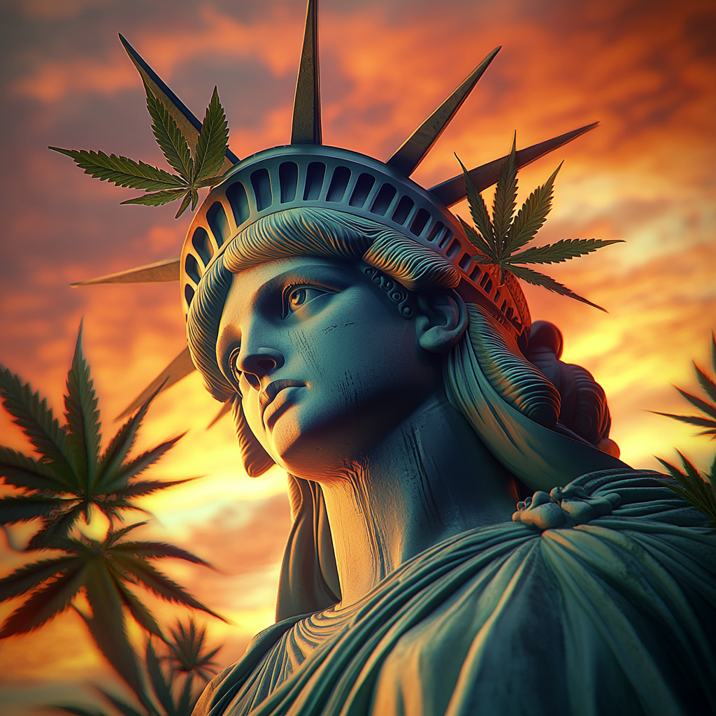 Photograph of Statue of Liberty with cannabis crown and torch.