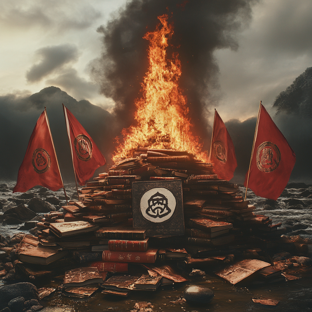 Photograph of burning books and Buddhist symbol flags.