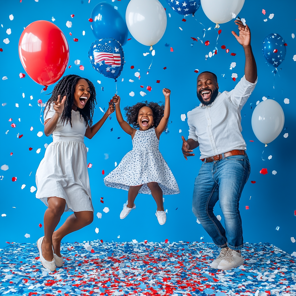 Photograph of happy African American family jumping on bed.