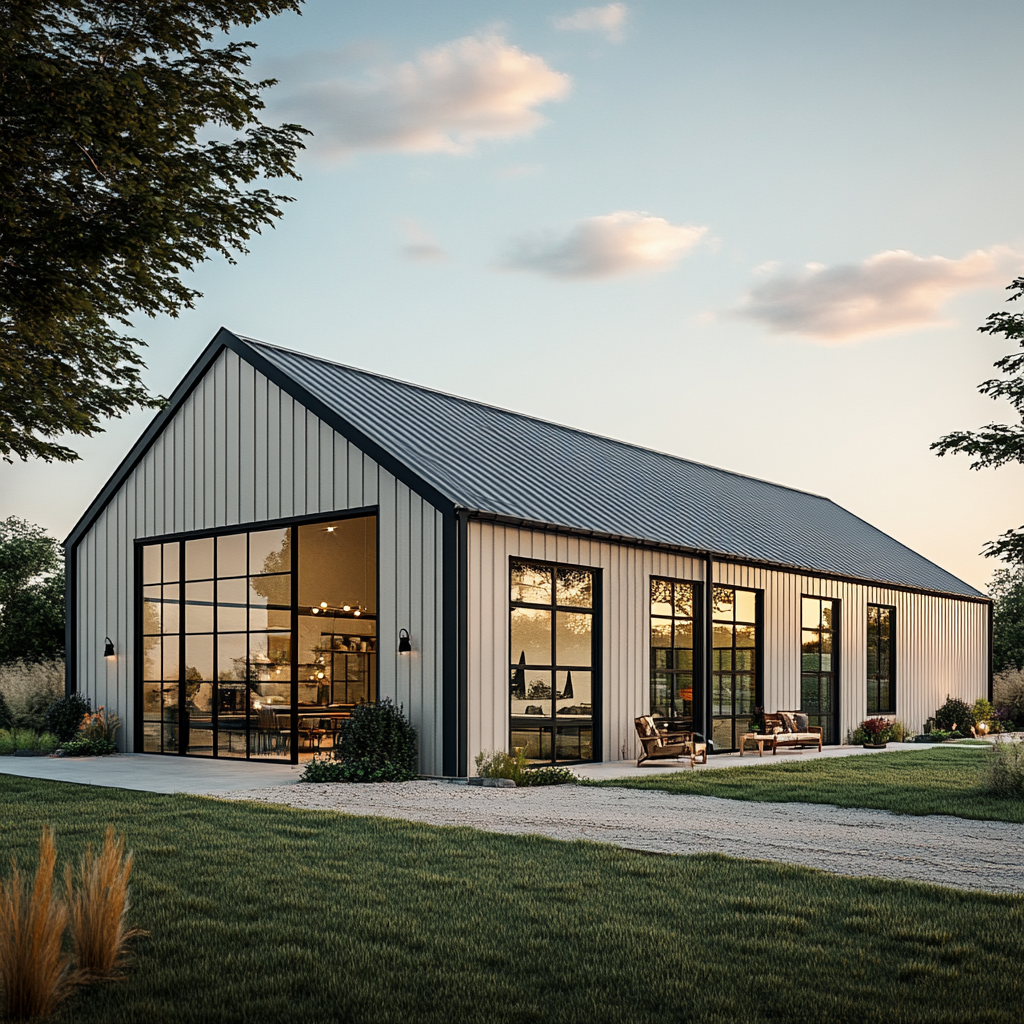 Photograph of inexpensive barndominium with metal roof and windows.