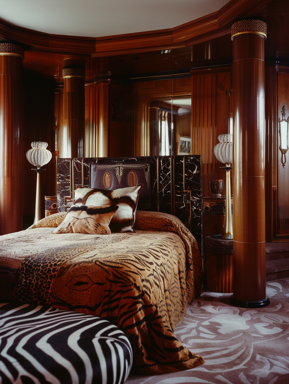 Photograph of opulent Art Deco bedroom with zebra print.