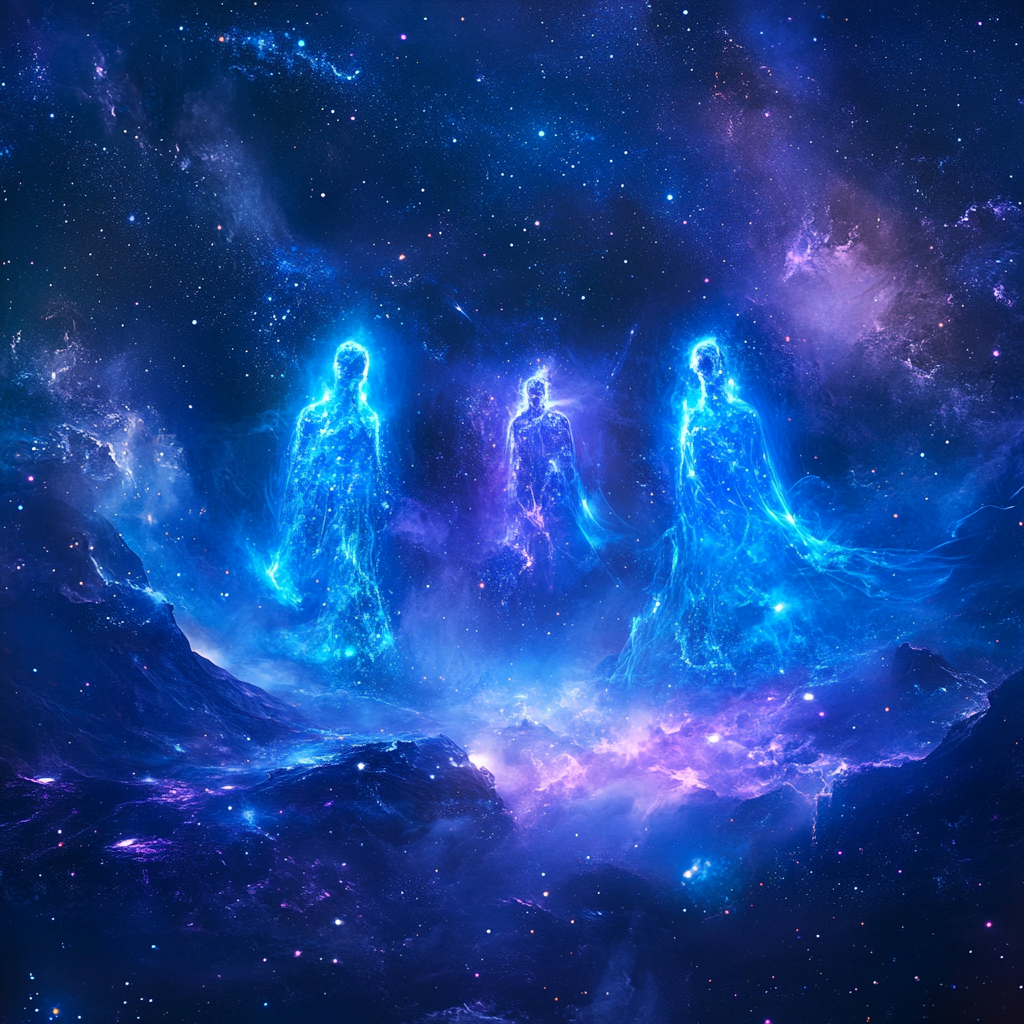 Photograph of three beings of light with blue and purple colors and glow.