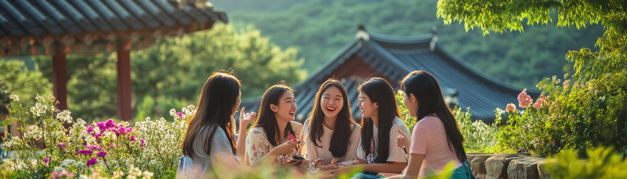 Photograph of young Korean women in historic garden.