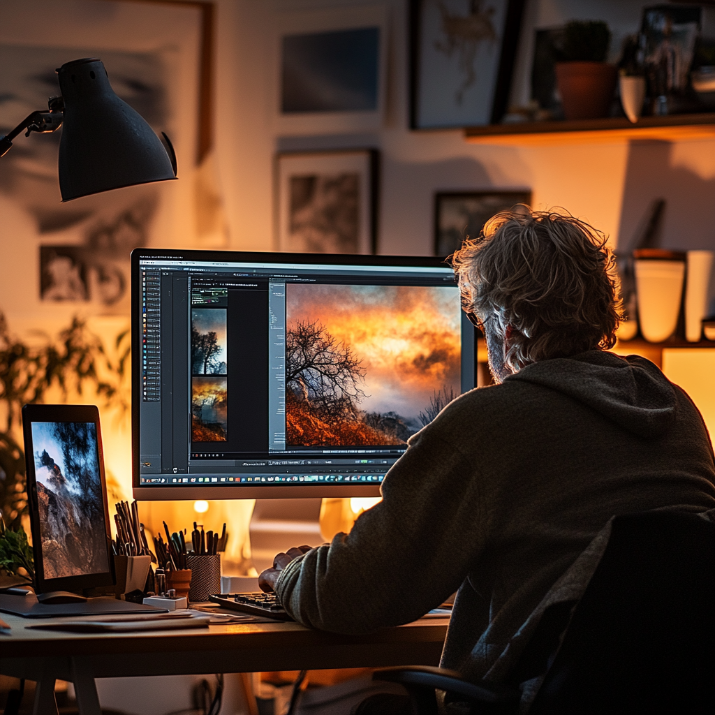 Photographer sits at desk editing photo on computer.