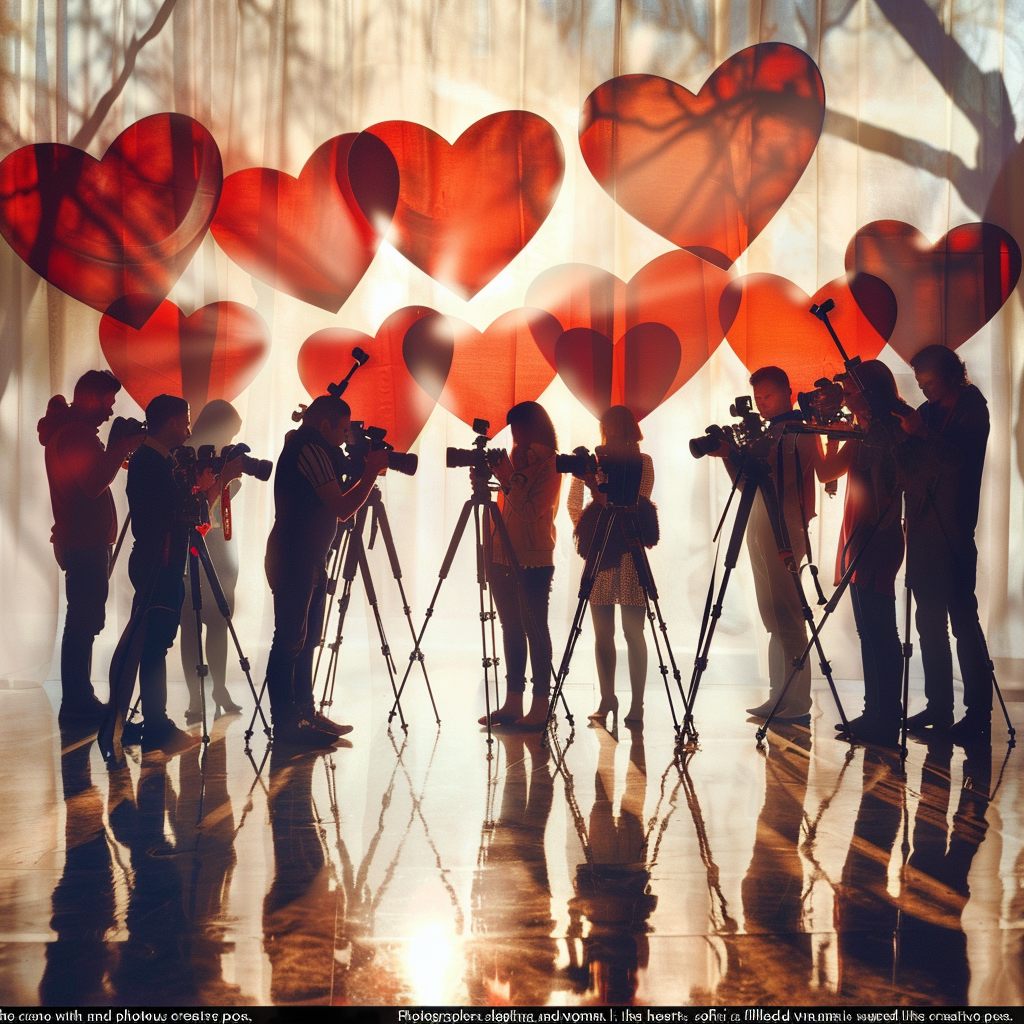 Photographers and photojournalists with heart-shaped cameras in creative poses