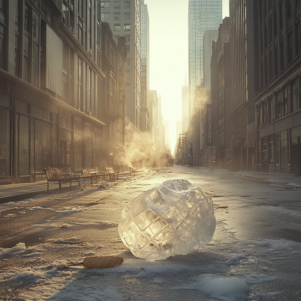 Photographers capturing giant ice man melting in city street.