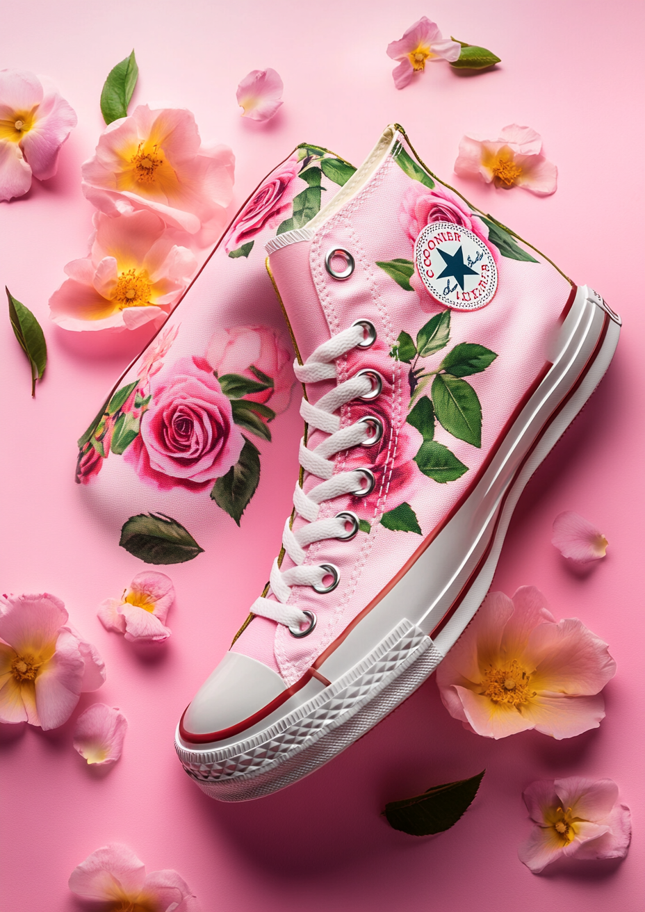 Photography of Converse shoes with rose design, pink background.