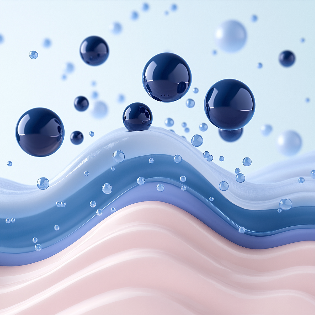 Photorealistic 5-layer hyaluronic acid diagram with spheres representing molecules.