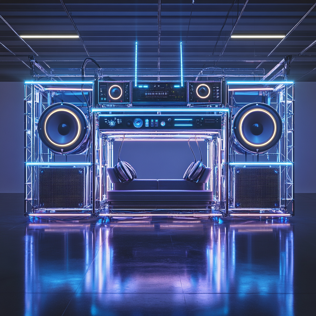 Photorealistic Boombox Studio Installation in Modern Indoor Space