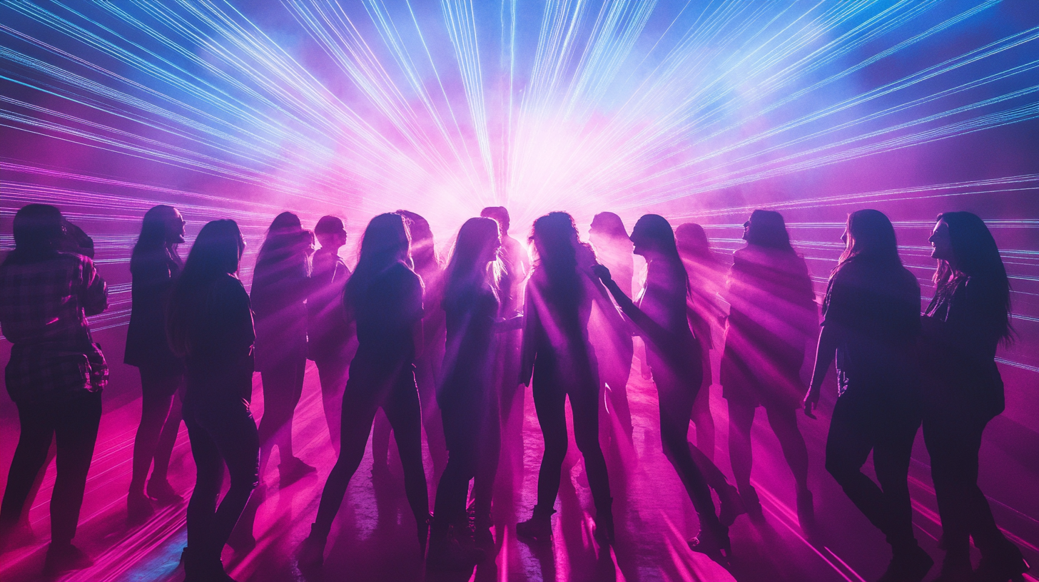 Photorealistic Image: Group of Mixed Friends Immersed in Light Beams