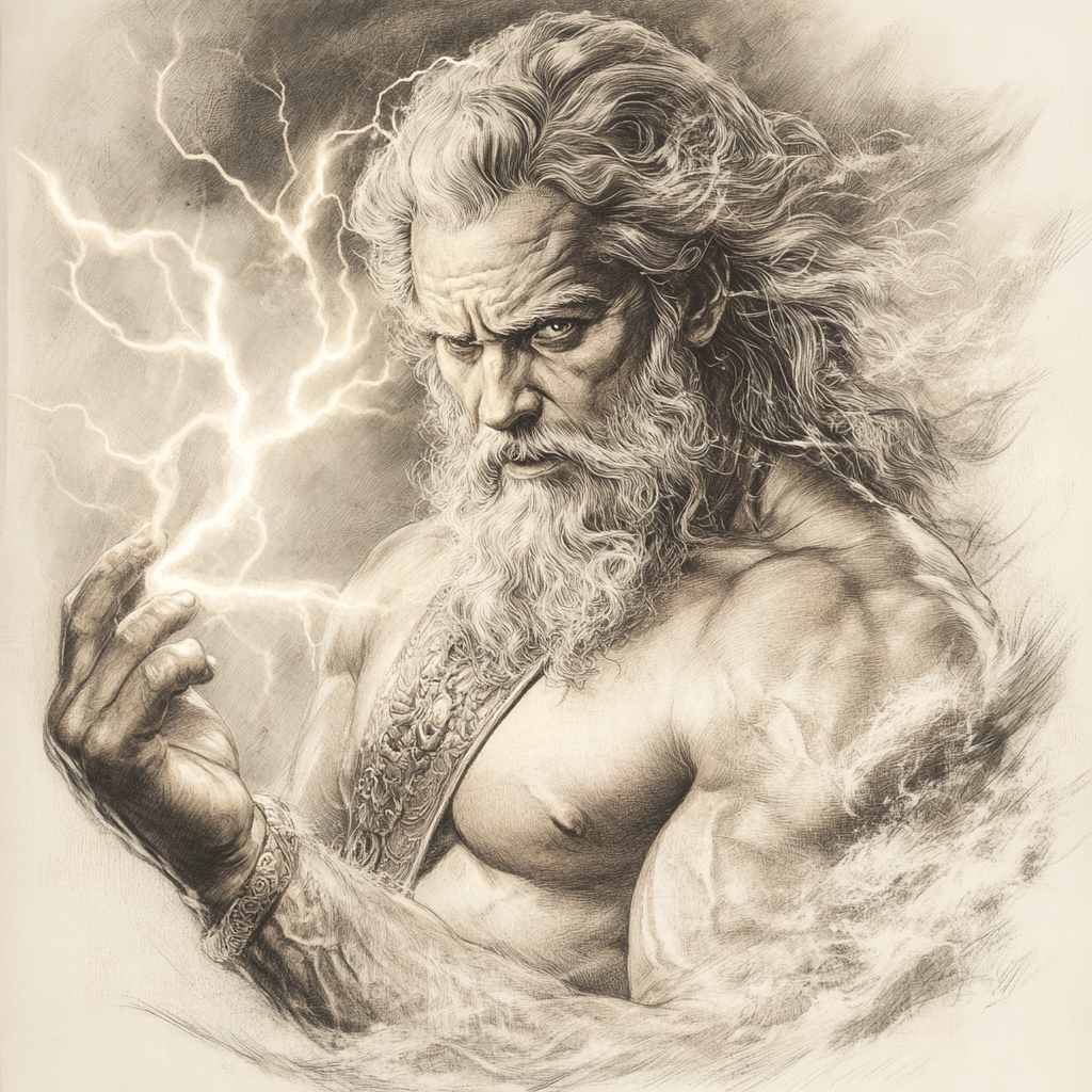 Photorealistic Zeus Tattoo Design with Lightning Bolt in Hand