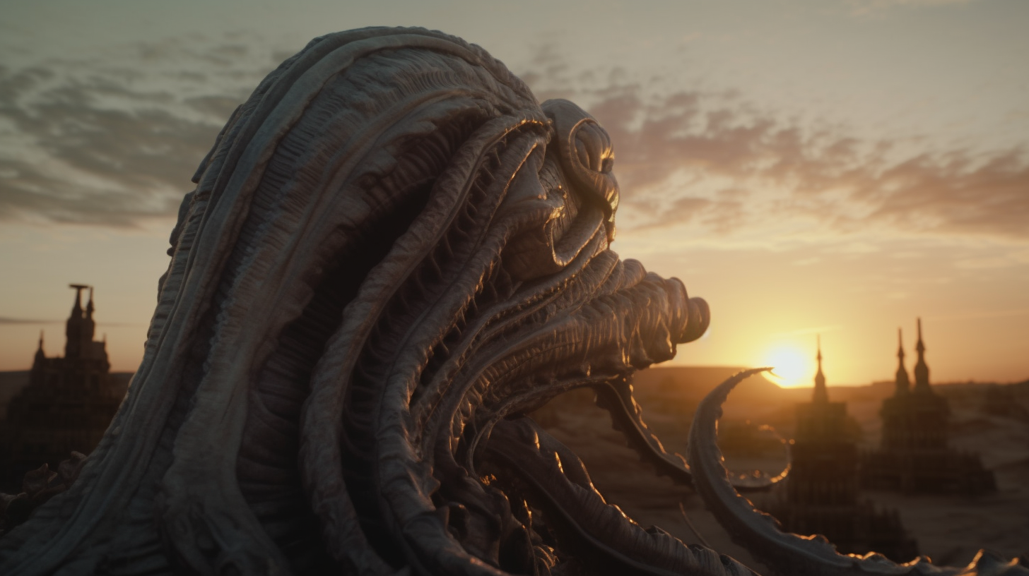 Photorealistic alien tentacle in sunset from film