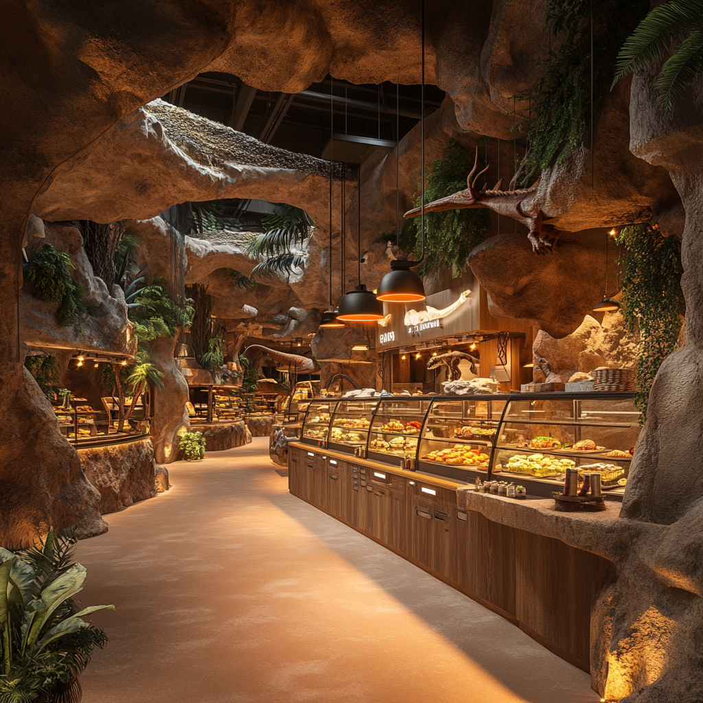 Photorealistic dinosaur-themed food hall with immersive atmosphere.