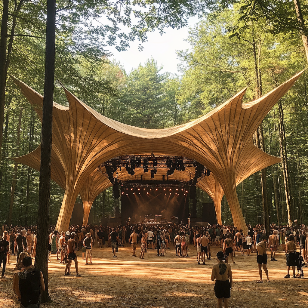 Photorealistic flat leaf-shaped festival shade in woods, 8m high.