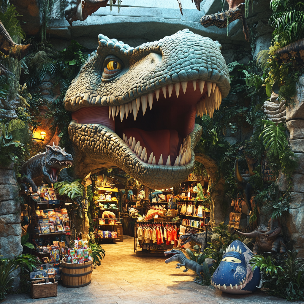 Photorealistic front of dinosaur-themed souvenir shop with merchandise.