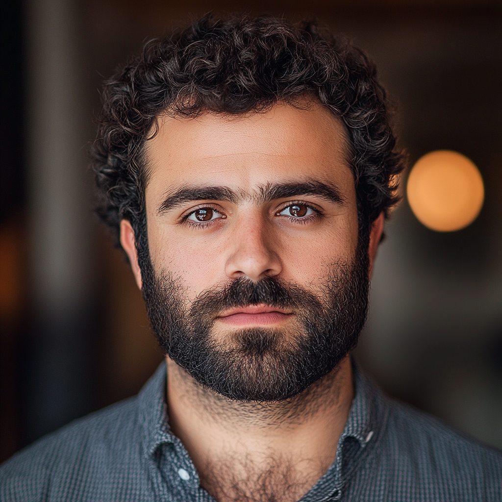 Photorealistic headshot of Mediterranean man, soft focus, modern office.