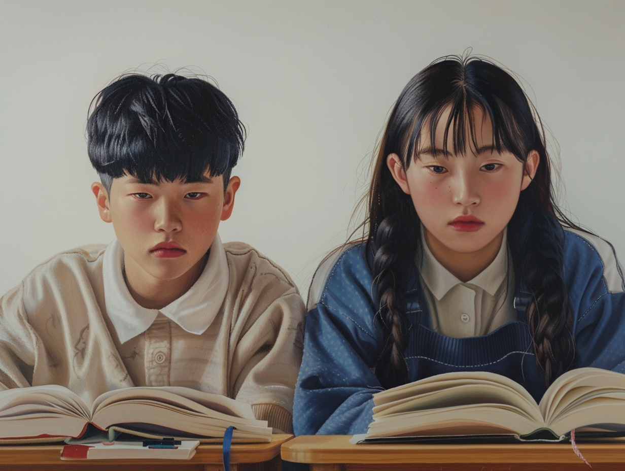 Photorealistic image of Korean middle school students studying English