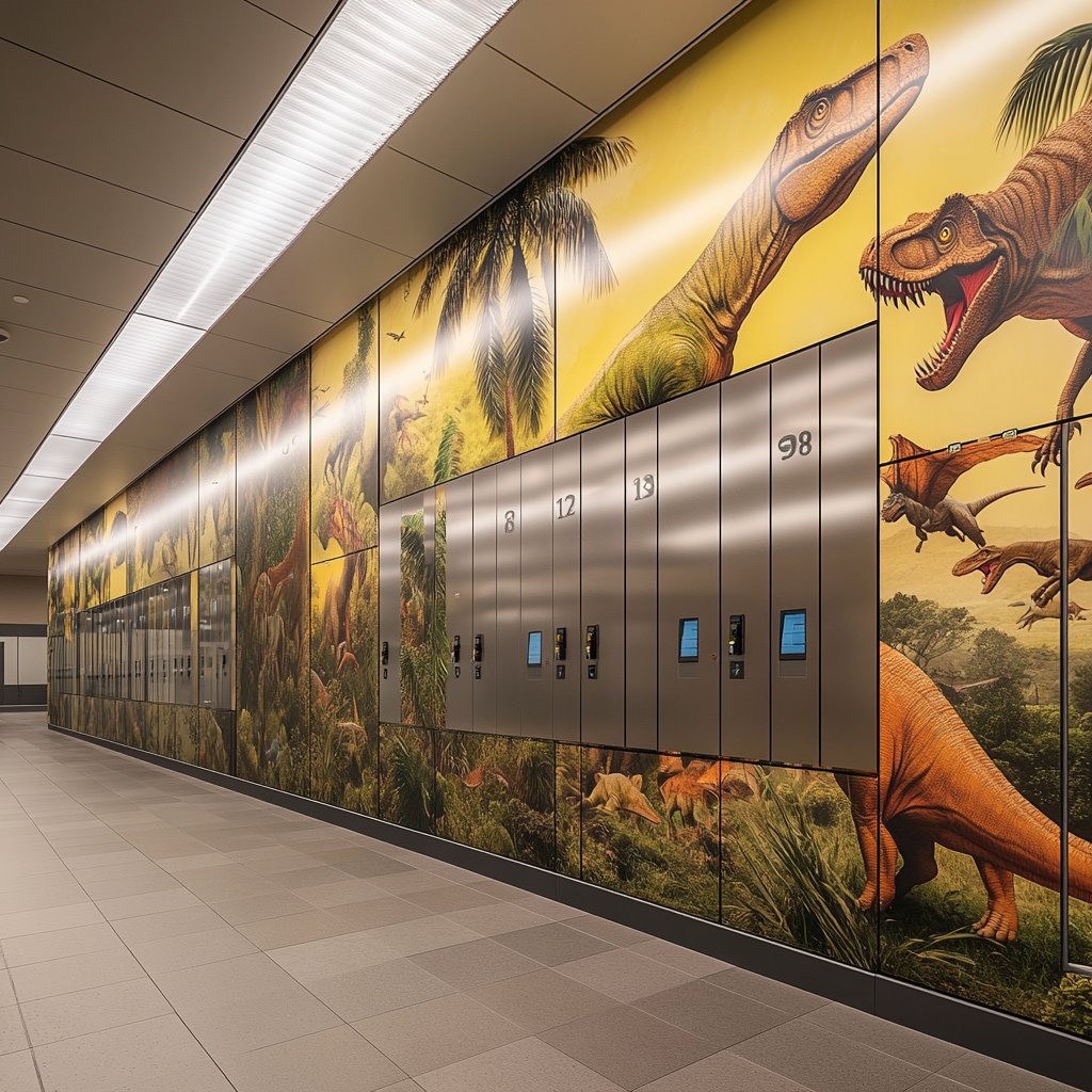 Photorealistic image of RFID lockers on wall with murals.