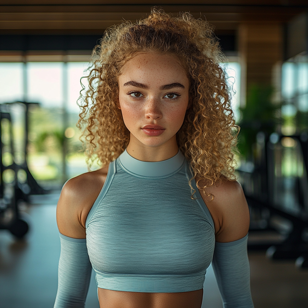 Photorealistic image of confident blonde influencer exercising in gym.