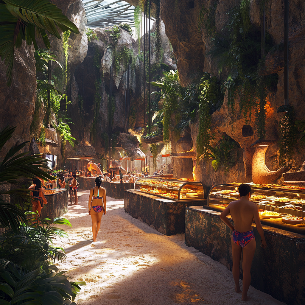 Photorealistic image of dinosaur-themed food hall with people.