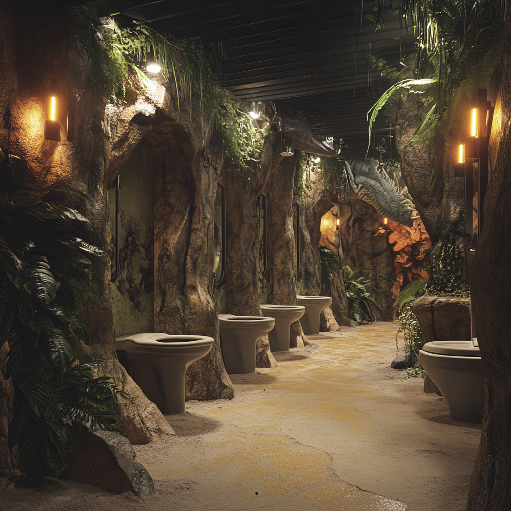 Photorealistic image of dinosaur-themed public toilets in waterpark.