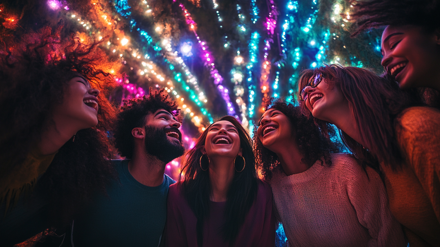 Photorealistic image of diverse friends in light beams forest.