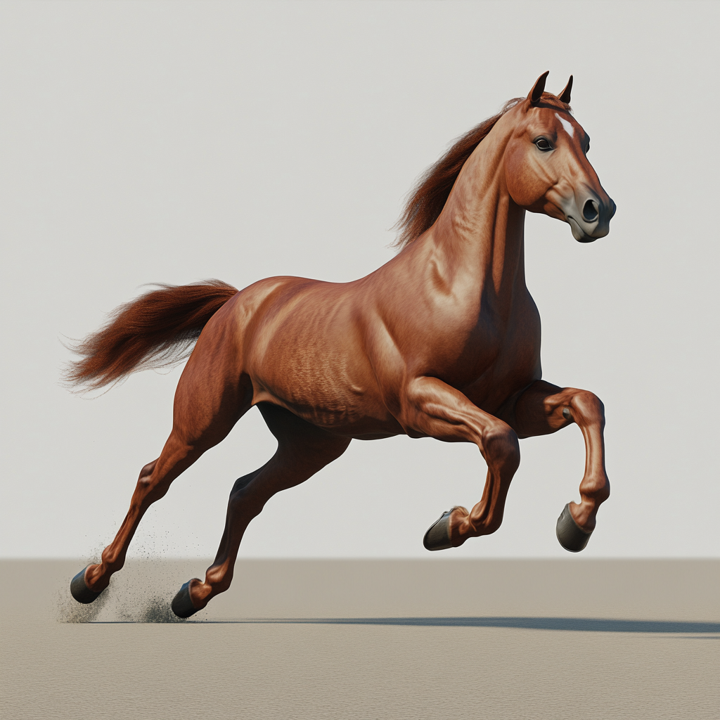 Photorealistic image of horse running from left to right.