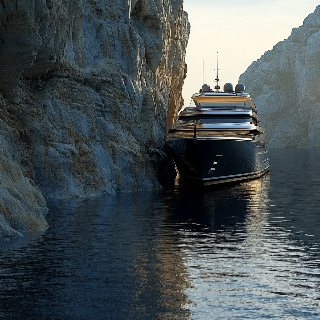 Photorealistic image of modern yacht moored in Greek island