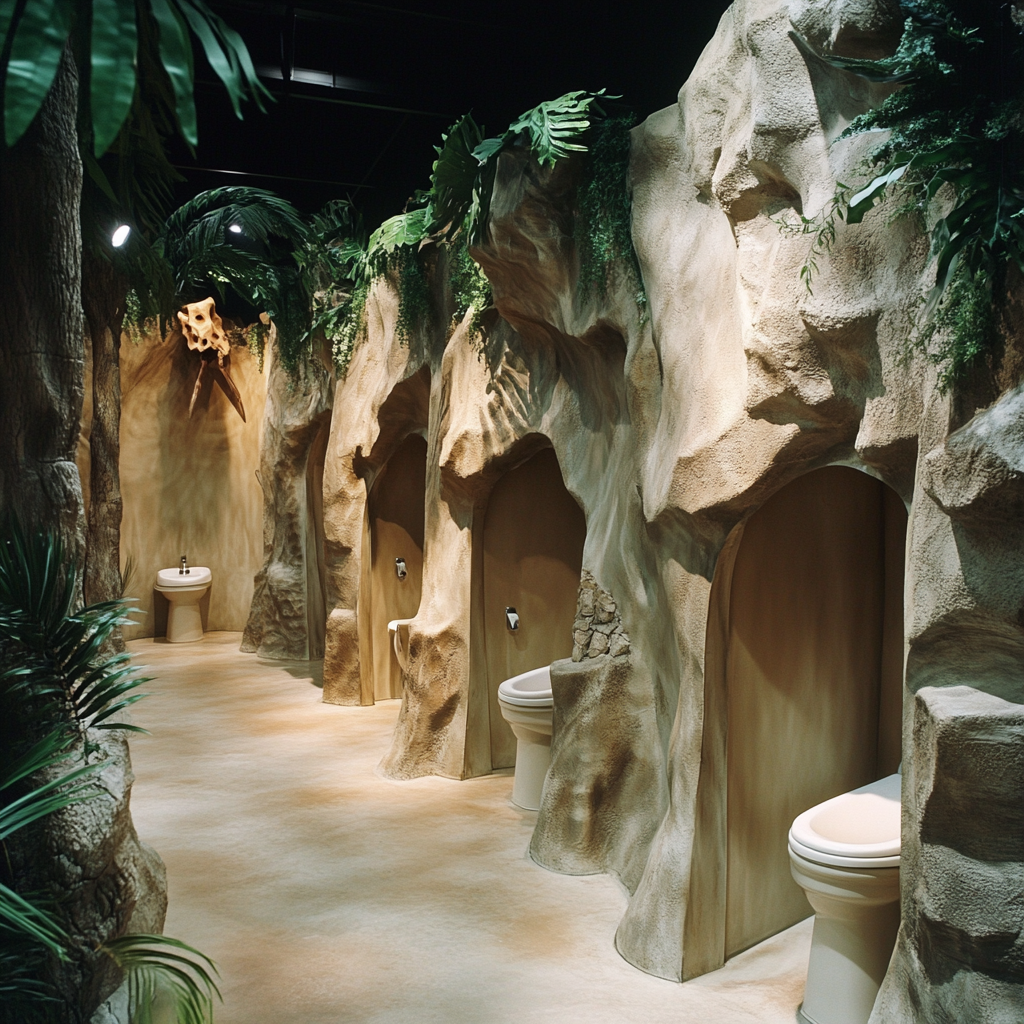 Photorealistic image of themed public toilets in waterpark.