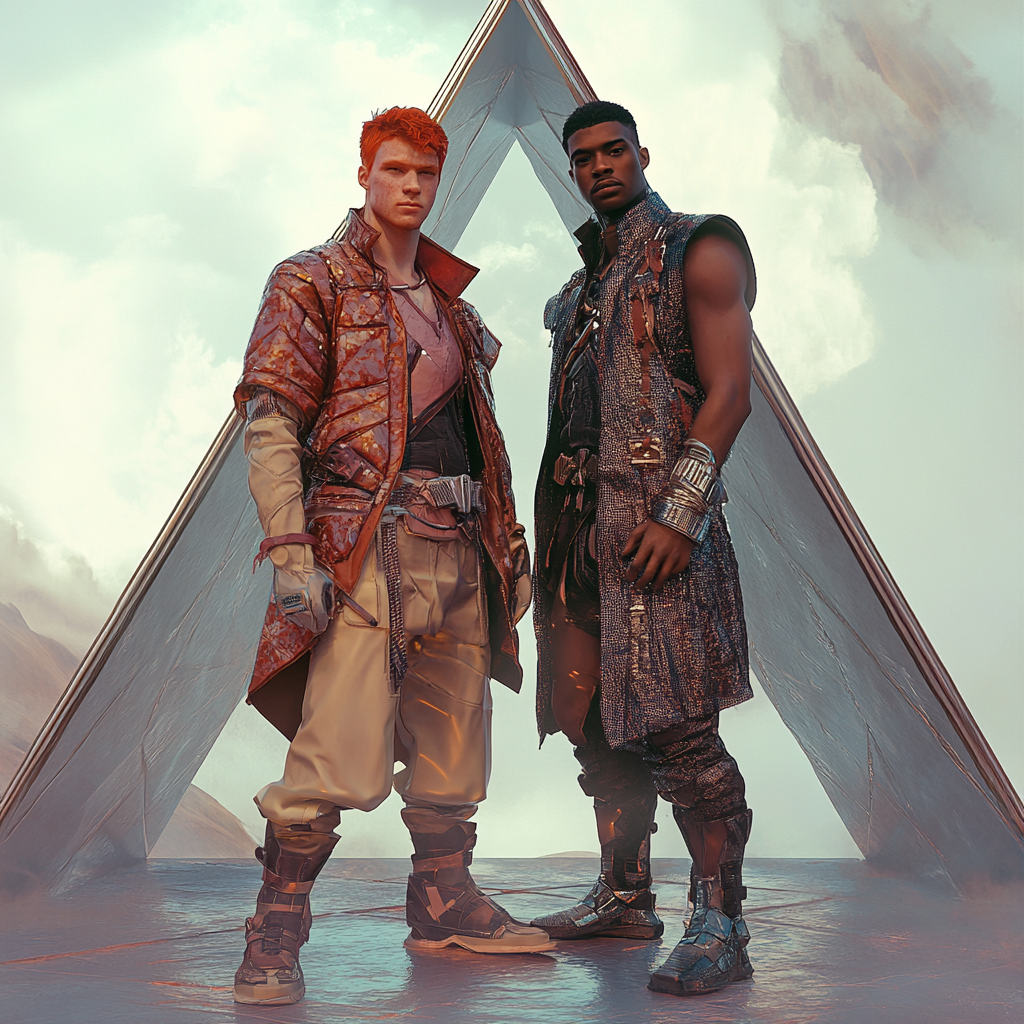 Photorealistic image of two men in futuristic clothes in tetrahedron