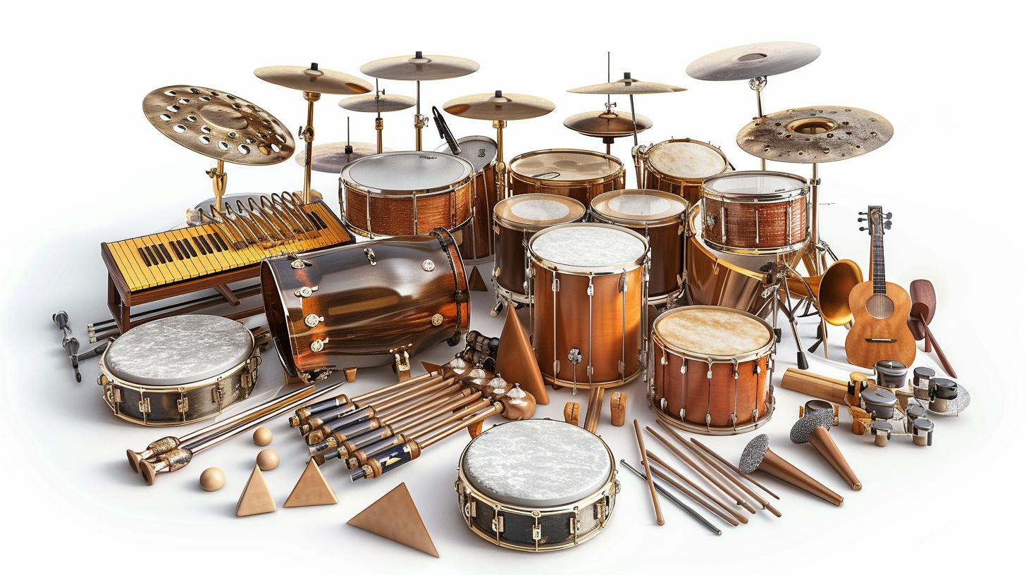 Photorealistic image of various percussion instruments on white background.