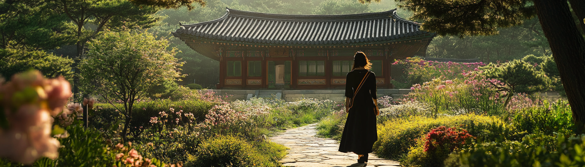 Photorealistic photo of woman in modern attire in historical garden.