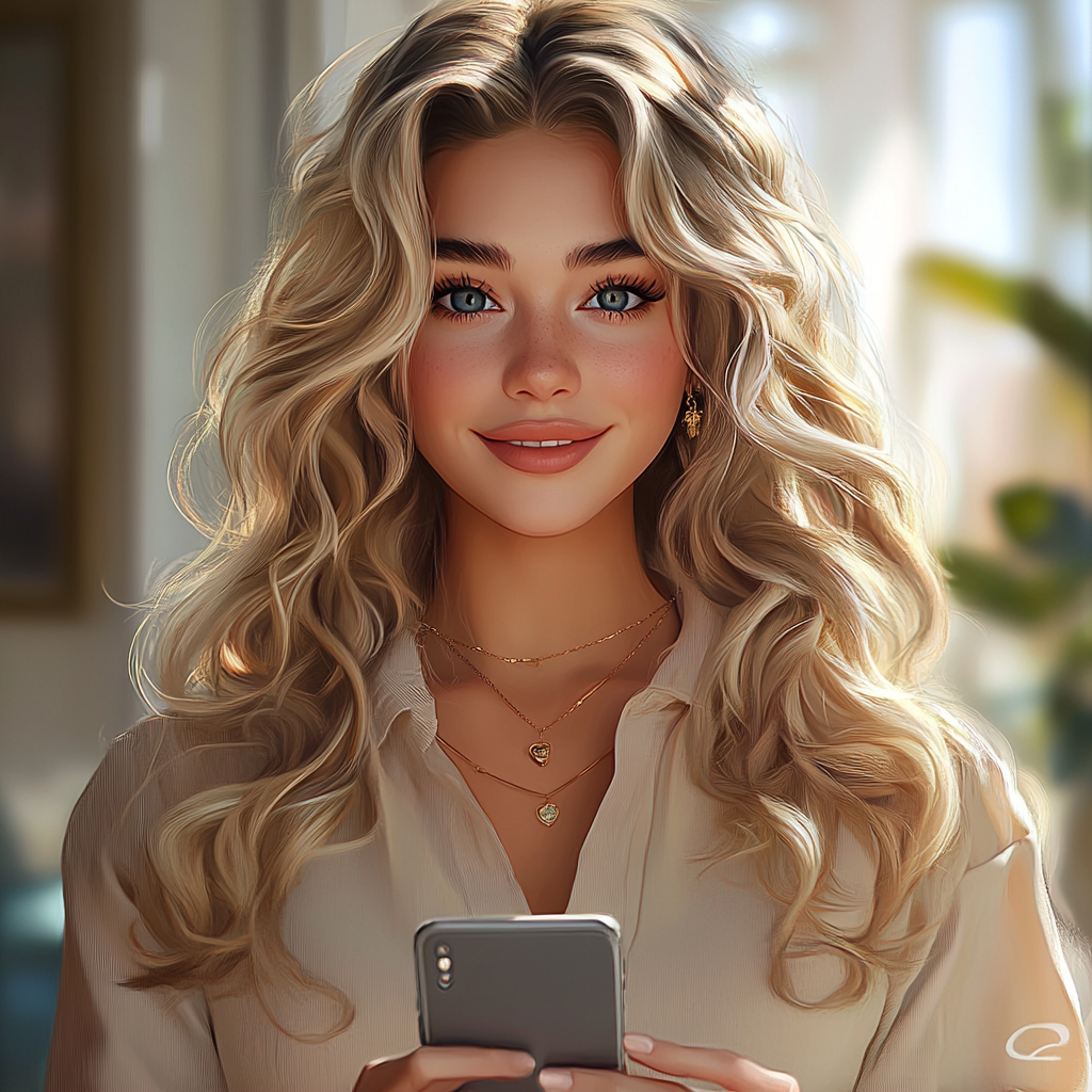 Photorealistic portrait of blonde influencer with trendy outfit.