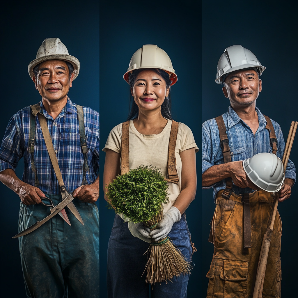 Photorealistic portrait of three diverse middle-aged entrepreneurs.