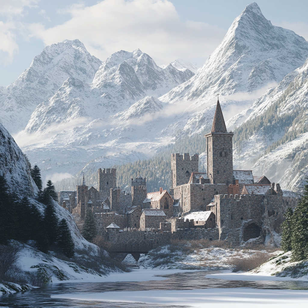 Photorealistic snowy mountainscape with Mediaeval stoney castle towns.