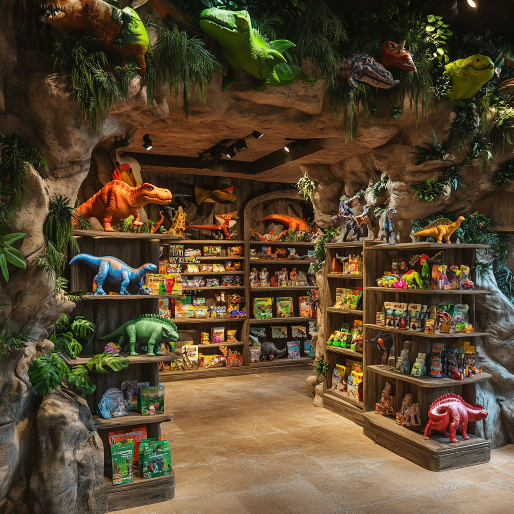 Photorealistic souvenir shop in dinosaur-themed waterpark with merchandise.