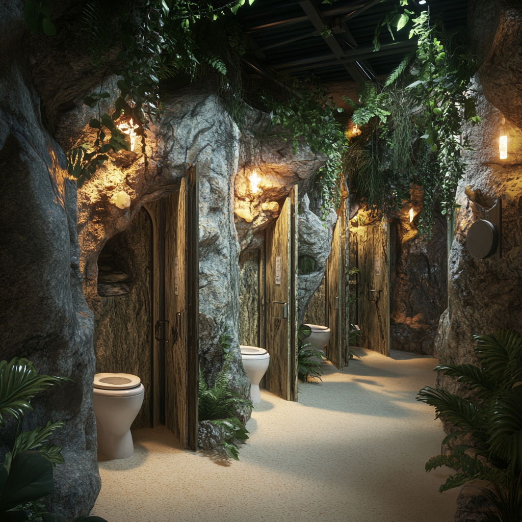 Photorealistic themed public toilets in dinosaur waterpark setting.