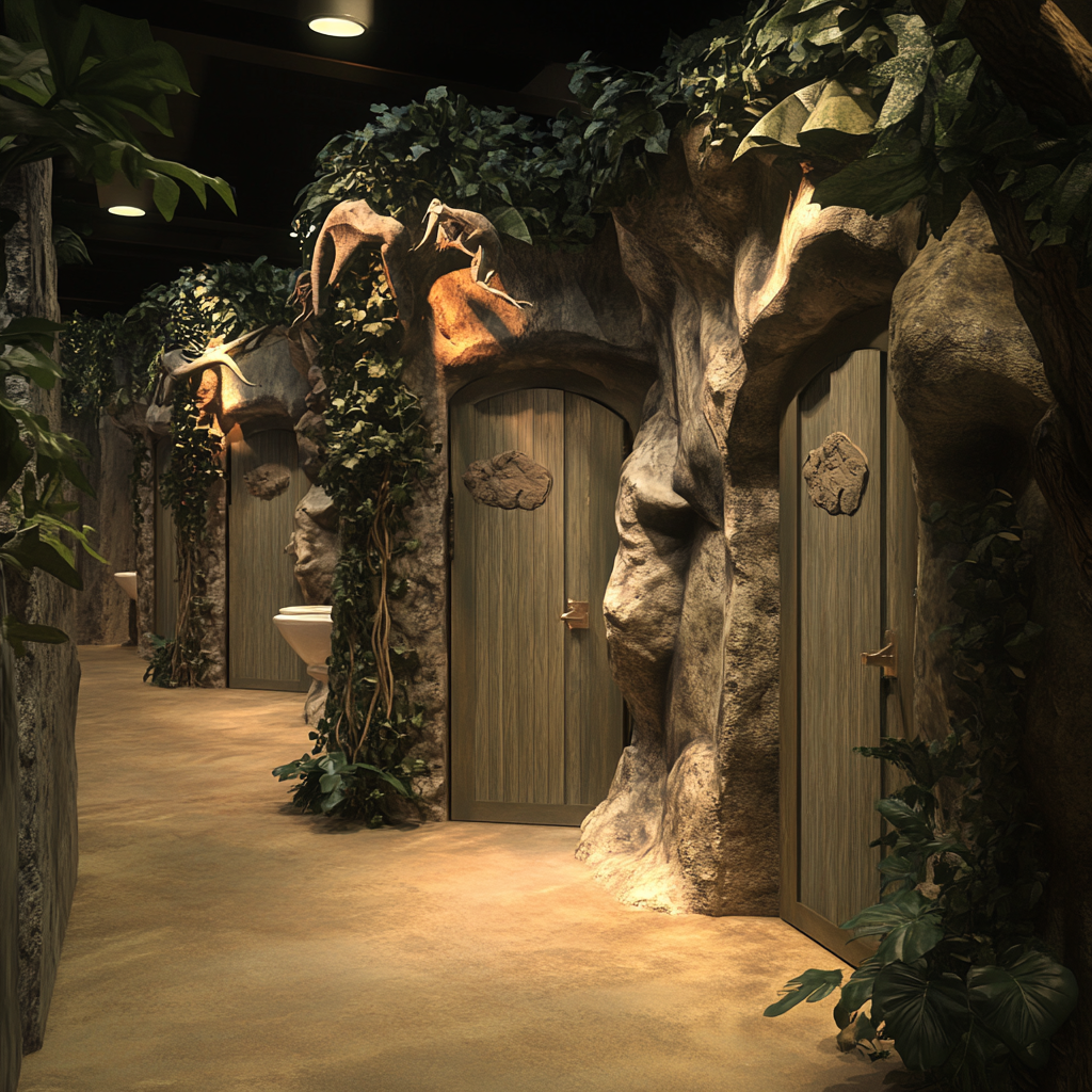 Photorealistic themed public toilets in dinosaur waterpark. Blend seamlessly.