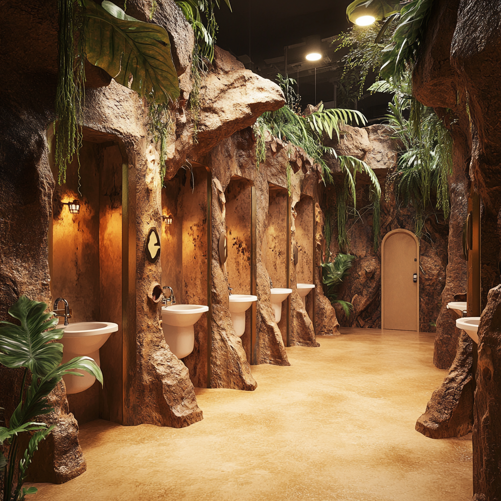 Photorealistic themed toilets in dinosaur waterpark with ambient lighting.