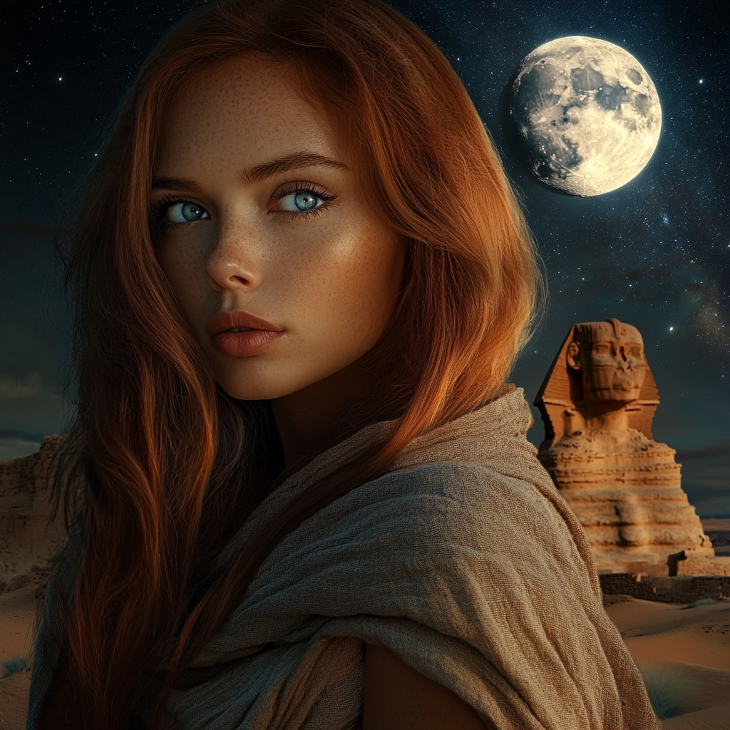 Photorealistic woman in linen at sandstone sphinx night desert 