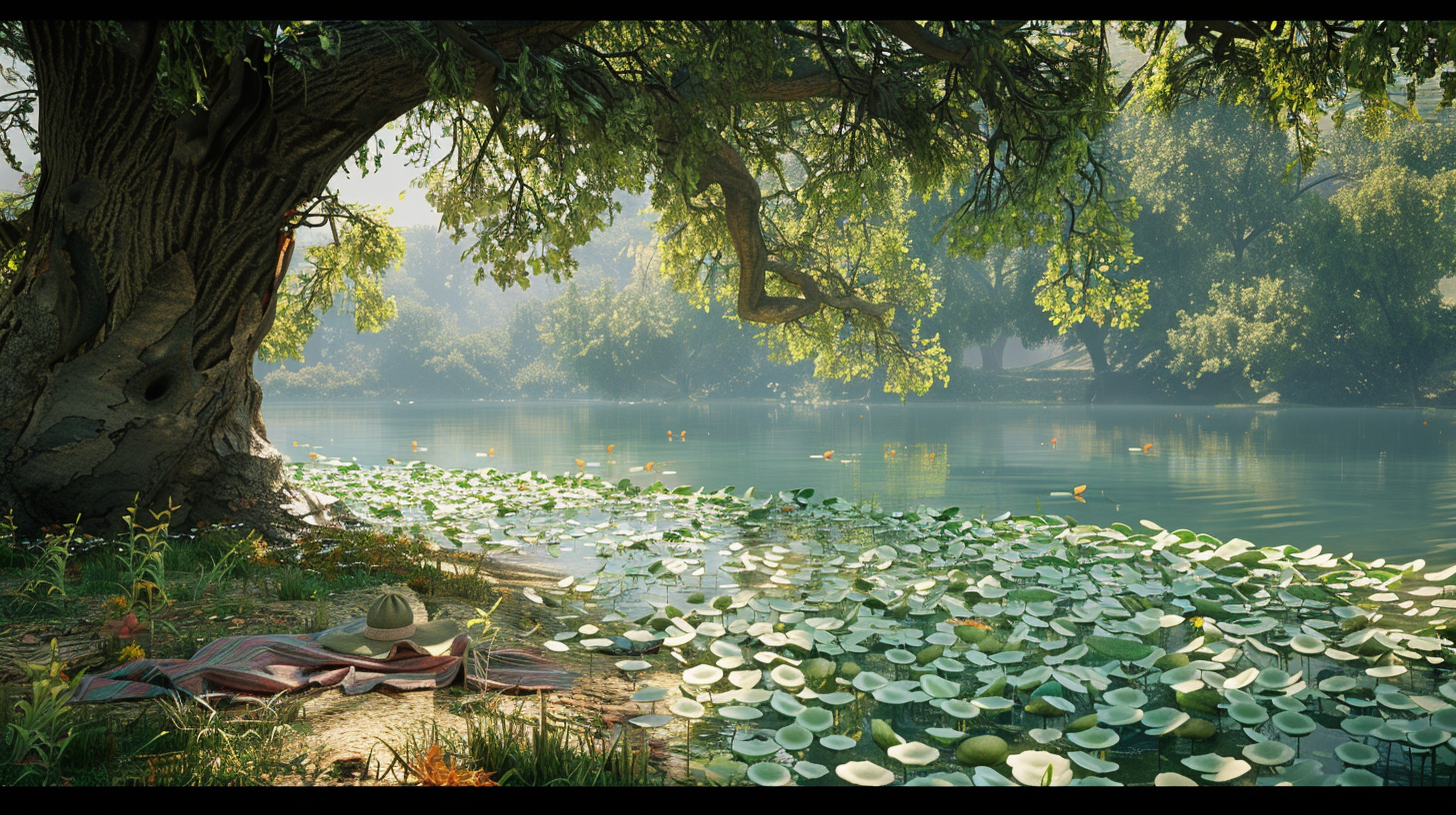 Picnic by lotus lake in western America, under oak tree.